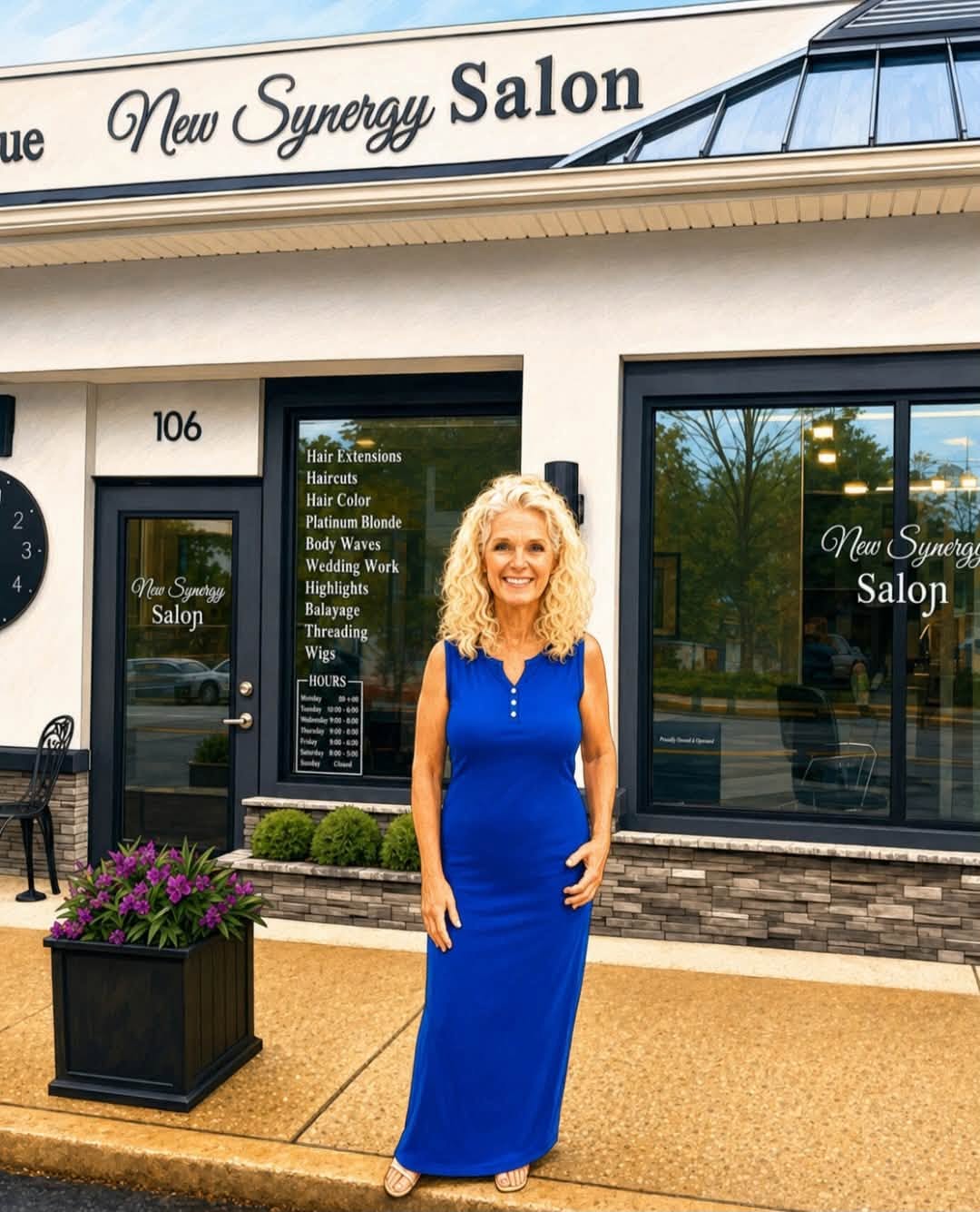 Peggy, owner and stylist at New Synergy Salon, outside the salon